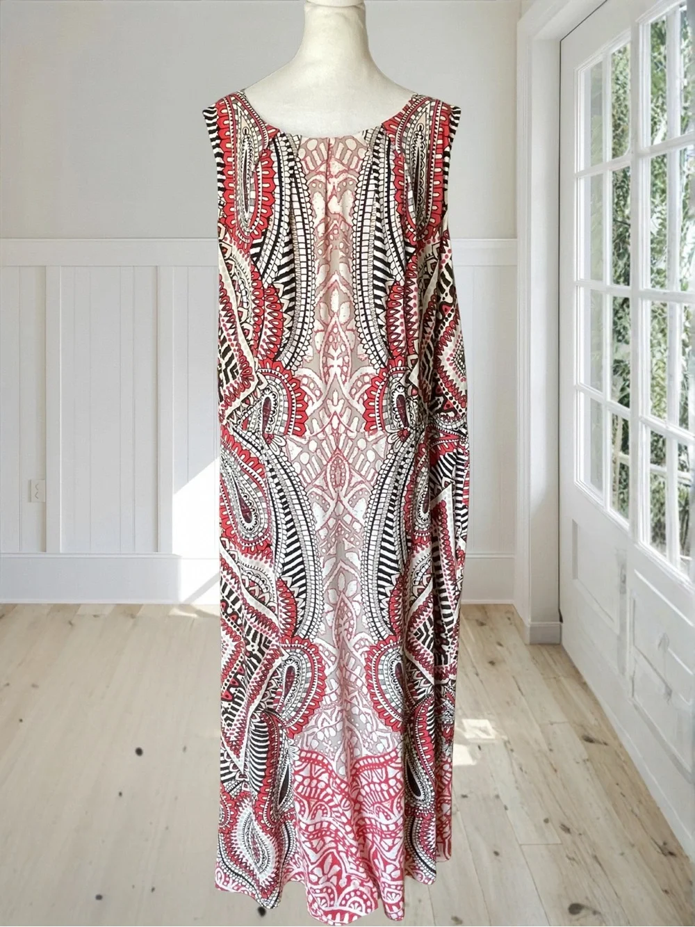 DRESSBARN Women's 24 Plus Lined Blood Orange Paisley Boho Geometric Maxi Dress - Picture 3 of 15